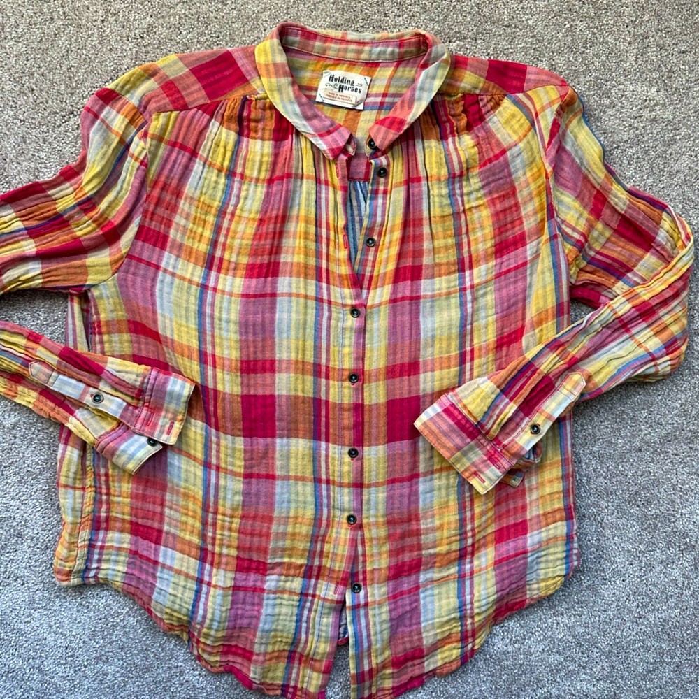 Anthropologie Holding Horses blouse top button down plaid shirt 100% cotton sz.M